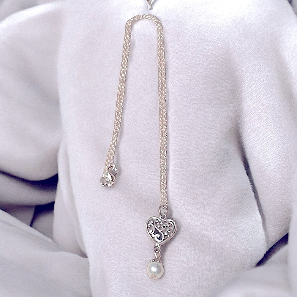 Handcrafted Silver Scrollwork Heart Pendant & Drop Faux Pearl Necklace Valentine - Picture 4 of 5